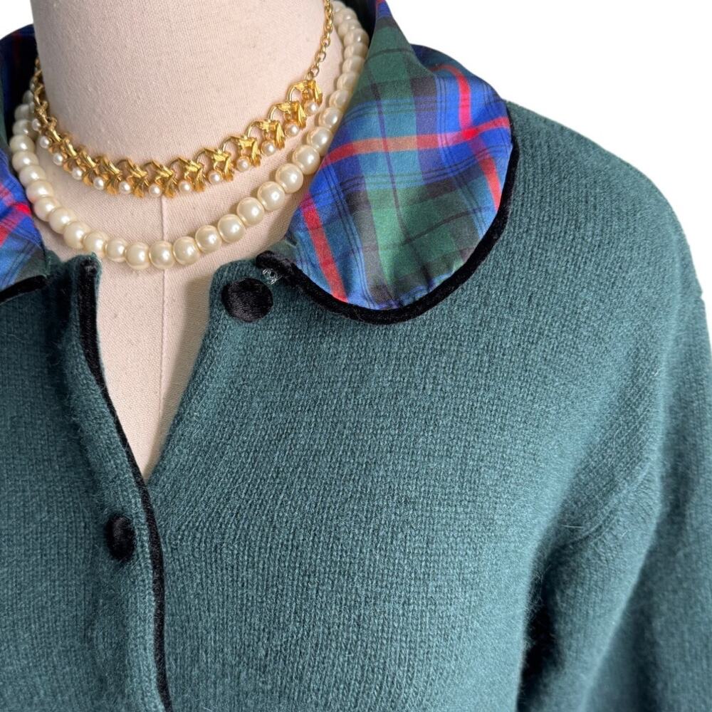 Talbots Vintage Wool Angora Plaid Velvet Collar Cardigan Sweater Green M - Picture 3 of 11